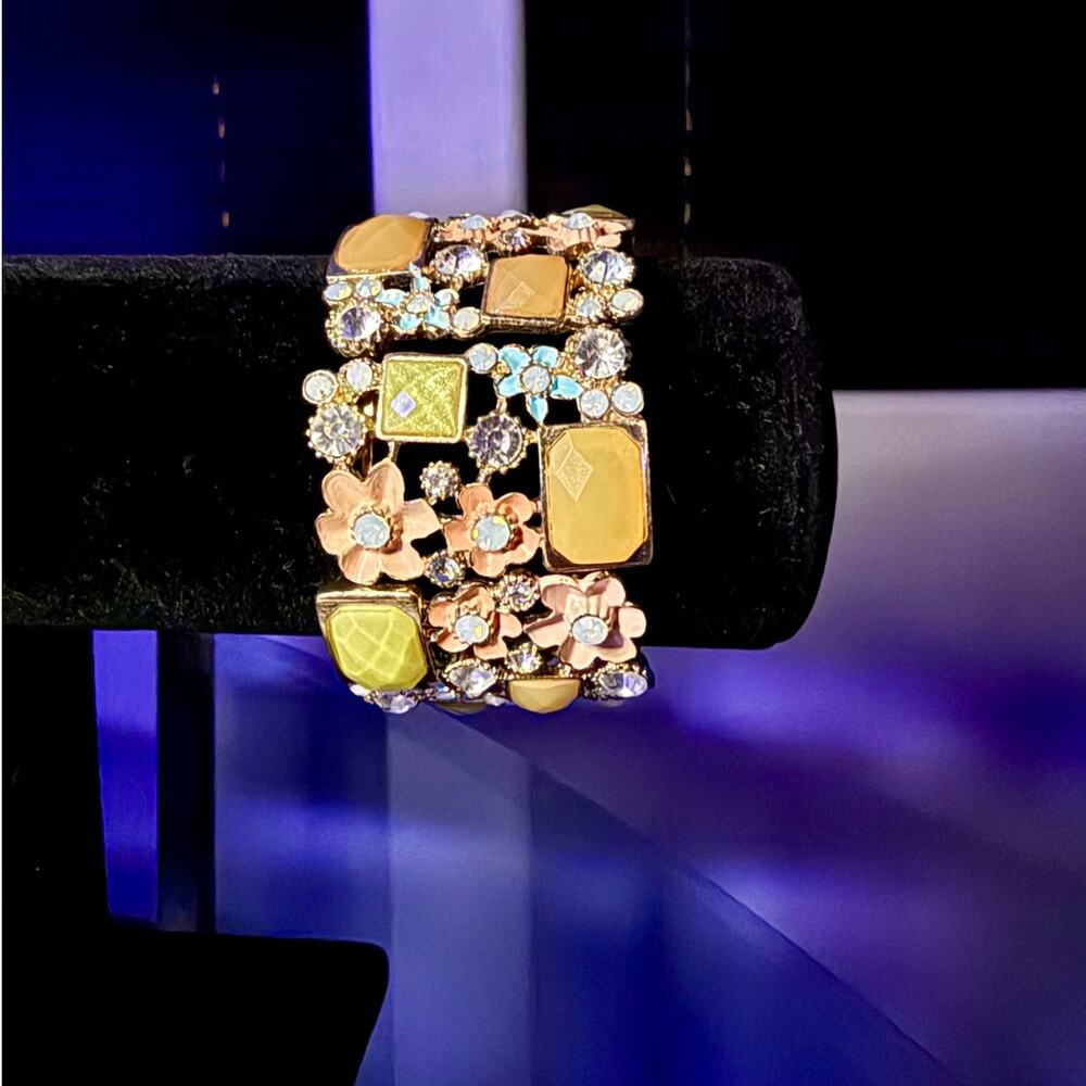 Chunky Pastel Floral Statement Cuff Bracelet Gold Tone Rhinestone